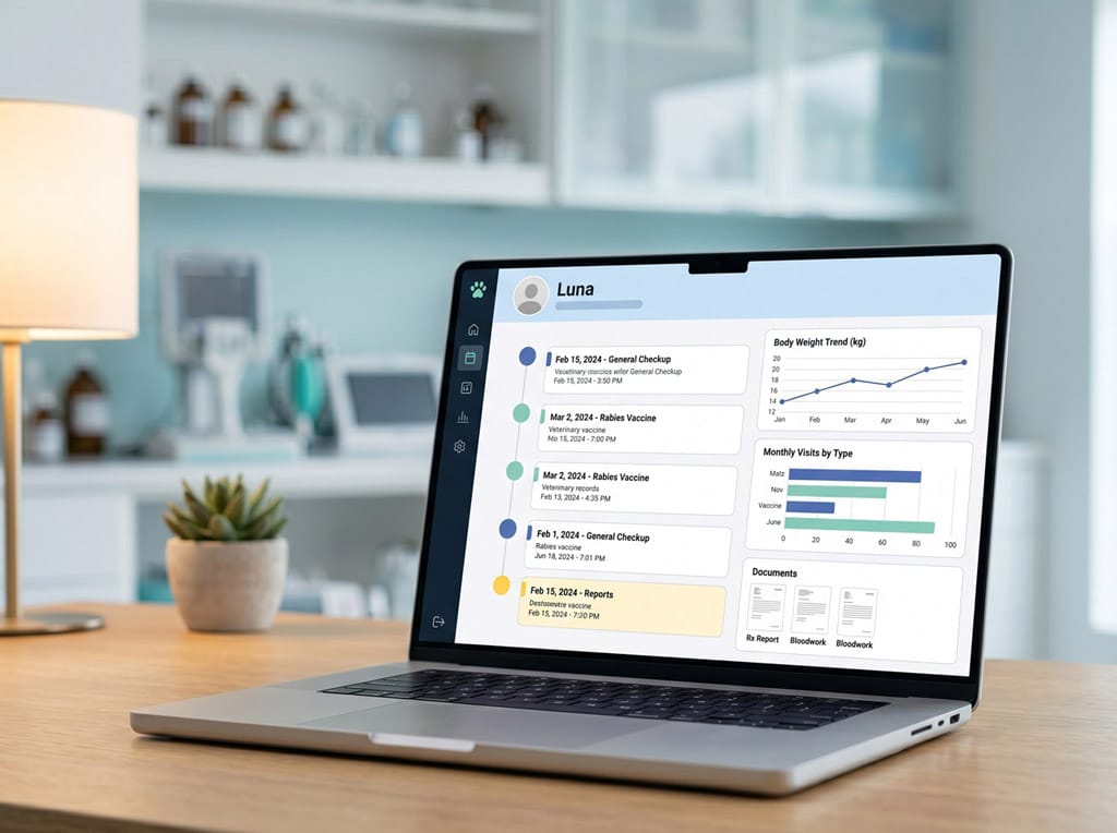 Mockup of Zoowanda clinical dashboard with patient timeline and reports